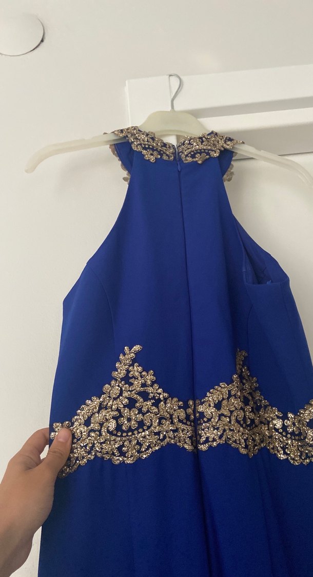 Mavi İşlemeli Uzun Kollu Abiye Elbise - Görsel 4