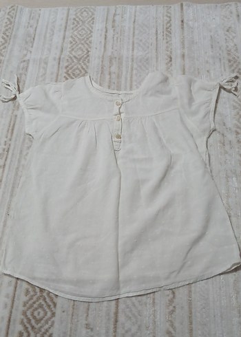 Kız Çocuk Beyaz Keten Düğmeli tshirt - Görsel 3