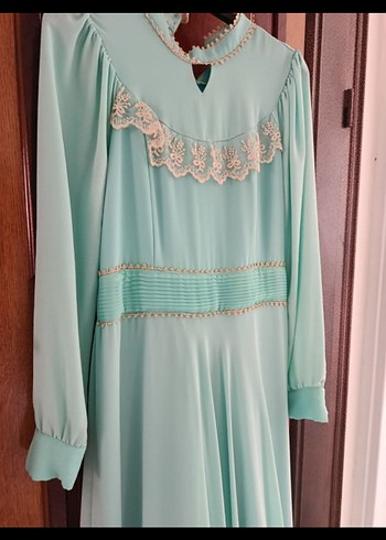 Uzun Turkuaz Nakışlı Vintage Kadın Elbise - Görsel 2