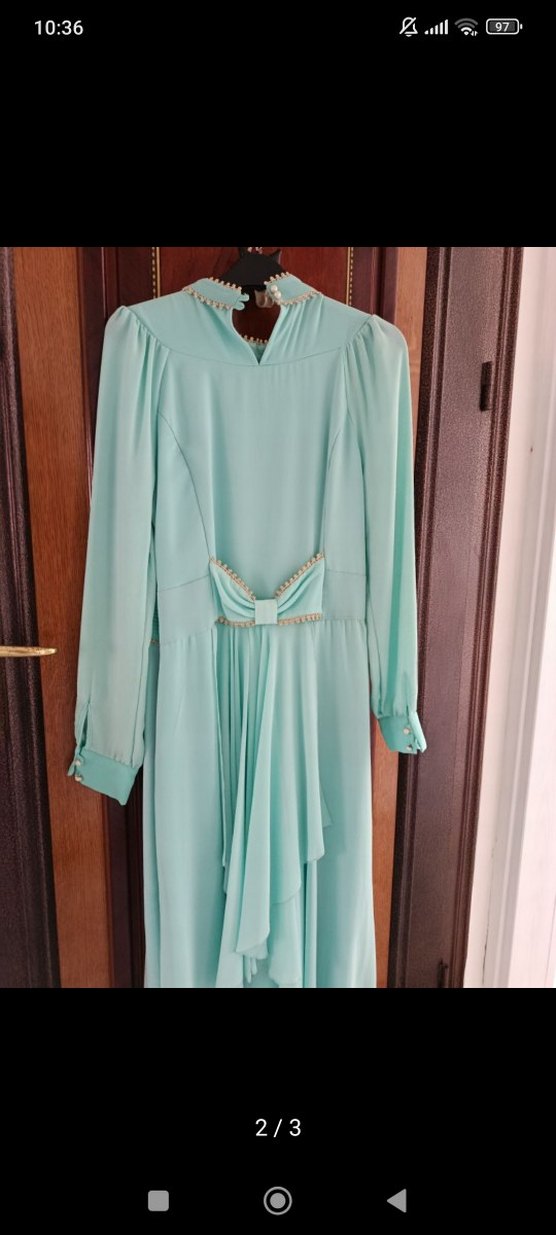 Uzun Turkuaz Nakışlı Vintage Kadın Elbise - Görsel 3