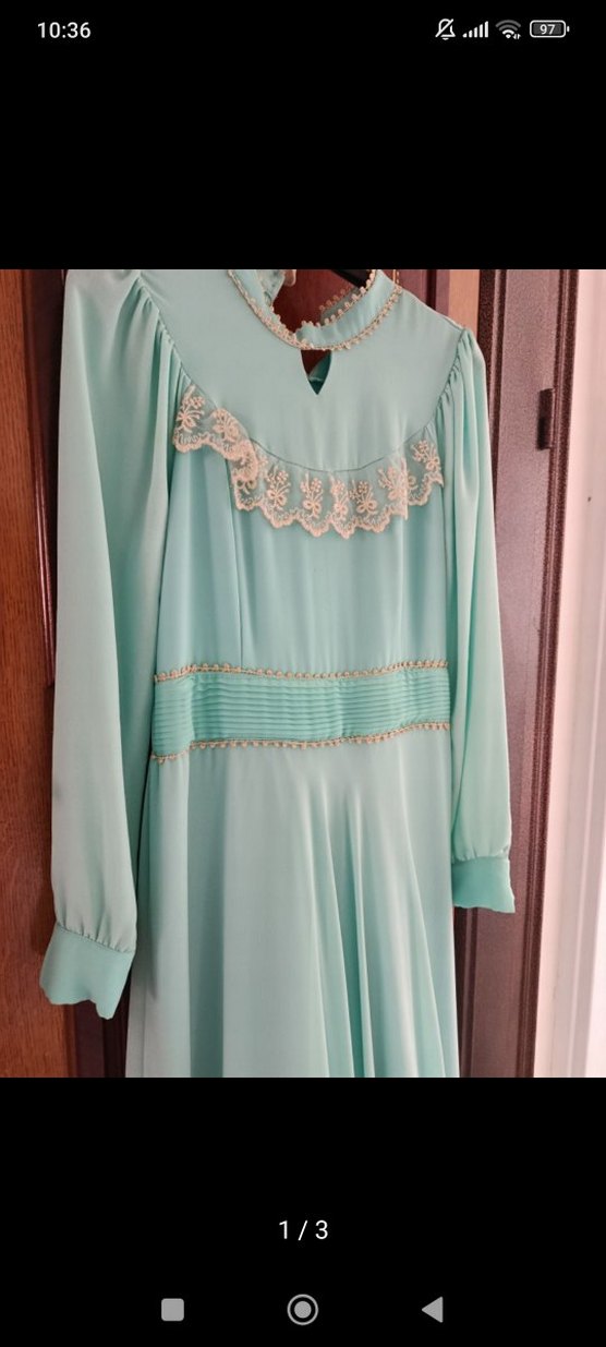 Uzun Turkuaz Nakışlı Vintage Kadın Elbise - Görsel 2