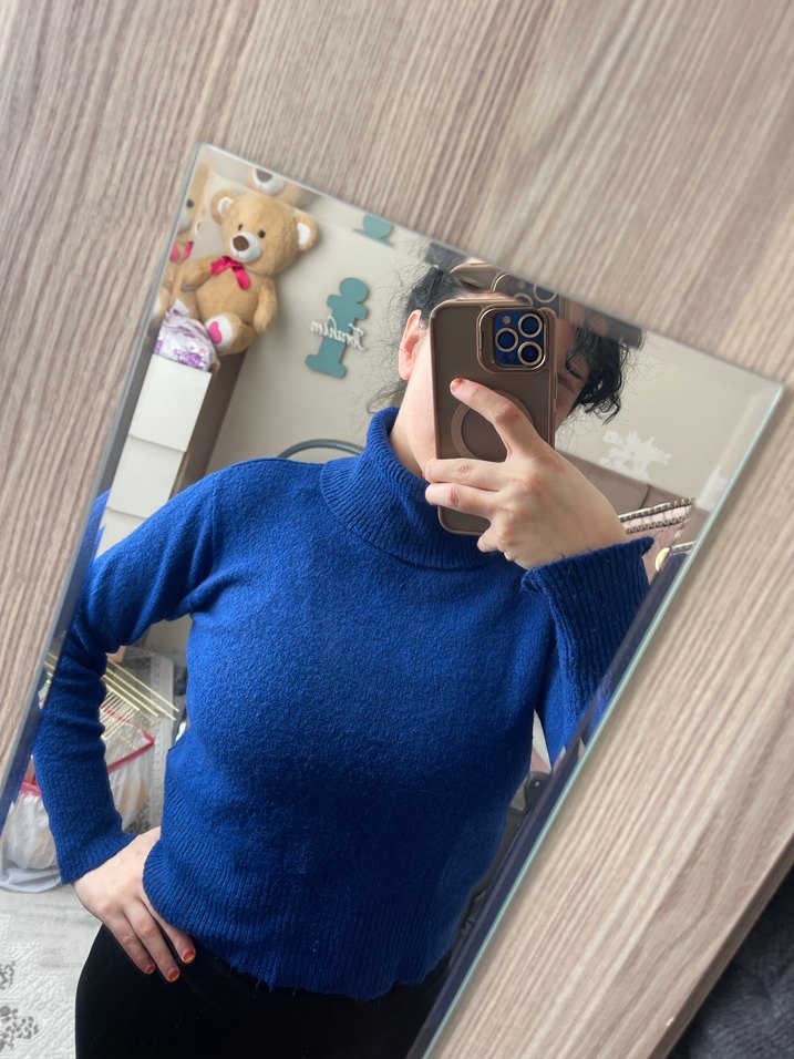 Lacivert Boğazlı İnce Triko Kadın Kazak - Görsel 2