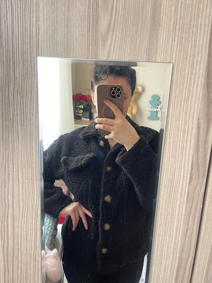Siyah peluş mont - Görsel 2