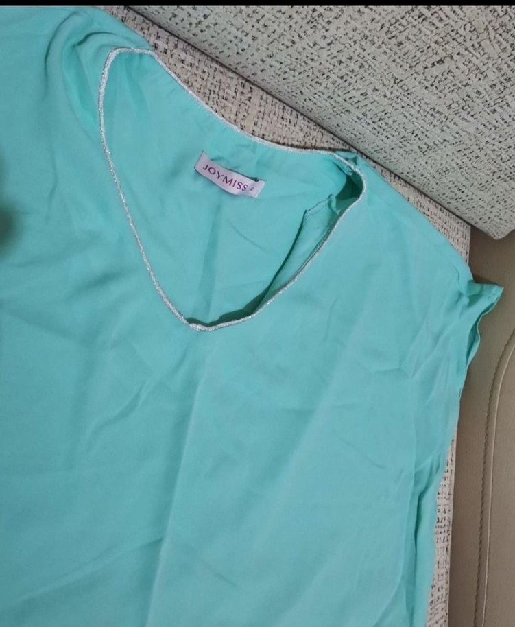 Turkuaz Kısa Kollu Keten Tişört - Görsel 3