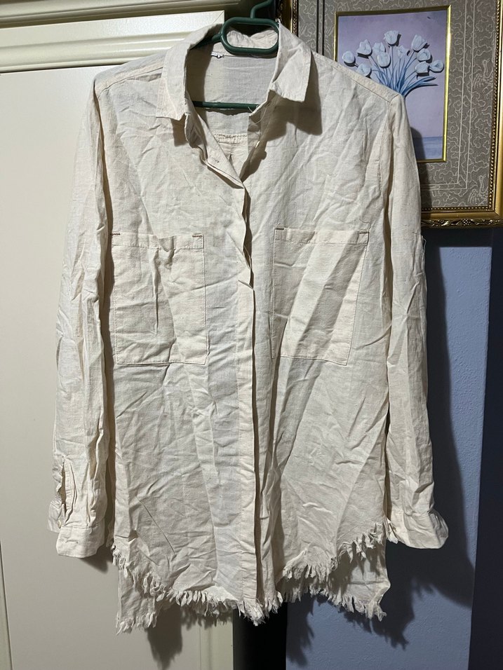 Uzun Kollu Beyaz Keten Bohem Gömlek - Görsel 5