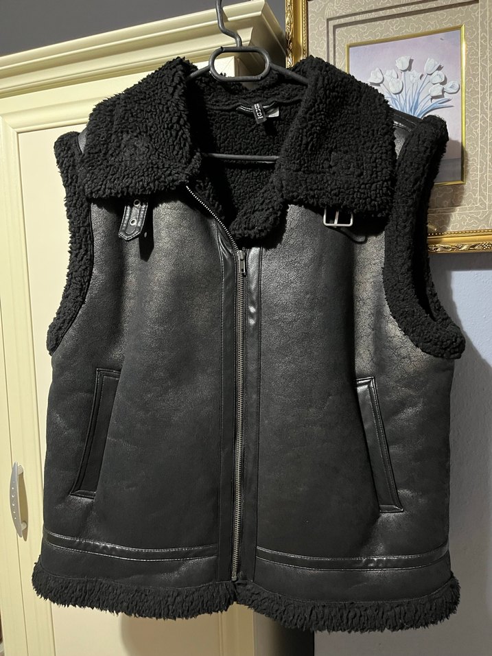 Siyah Kürklü Deri Biker Yelek - Görsel 3