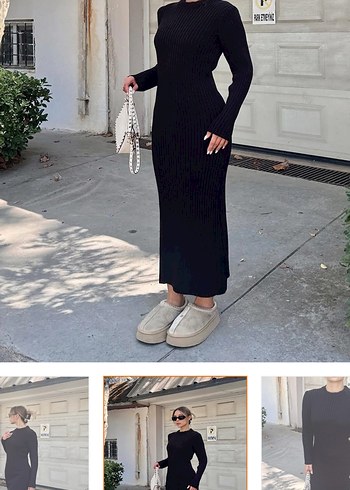 Siyah Yüksek Yakalı Uzun Triko Elbise - Görsel 2