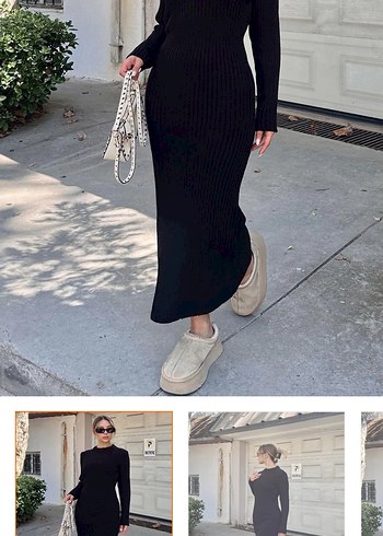 Siyah Yüksek Yakalı Uzun Triko Elbise - Görsel 3