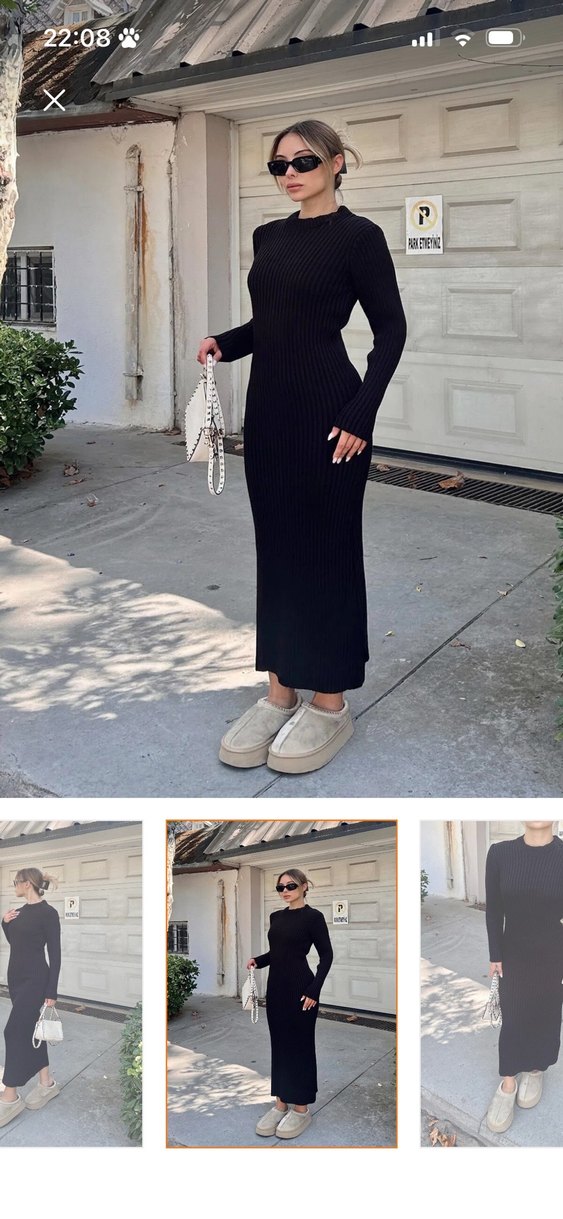 Siyah Yüksek Yakalı Uzun Triko Elbise - Görsel 2