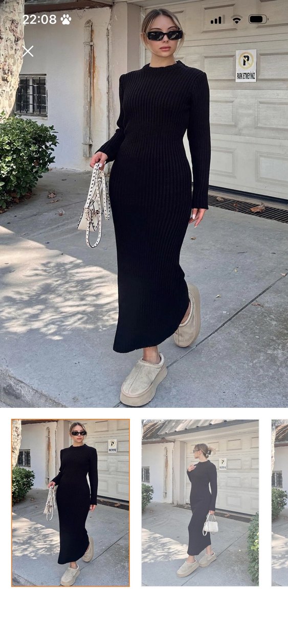 Siyah Yüksek Yakalı Uzun Triko Elbise - Görsel 3