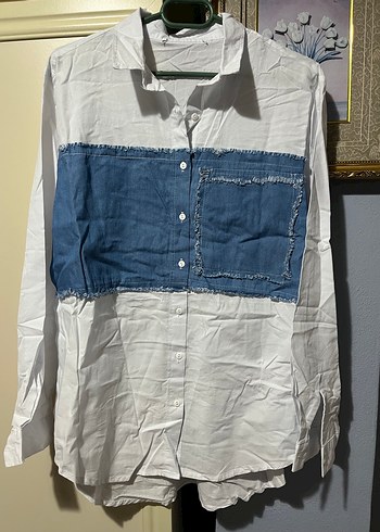 Düğmeli Kot Detaylı Beyaz Kadın Gömlek - Görsel 4