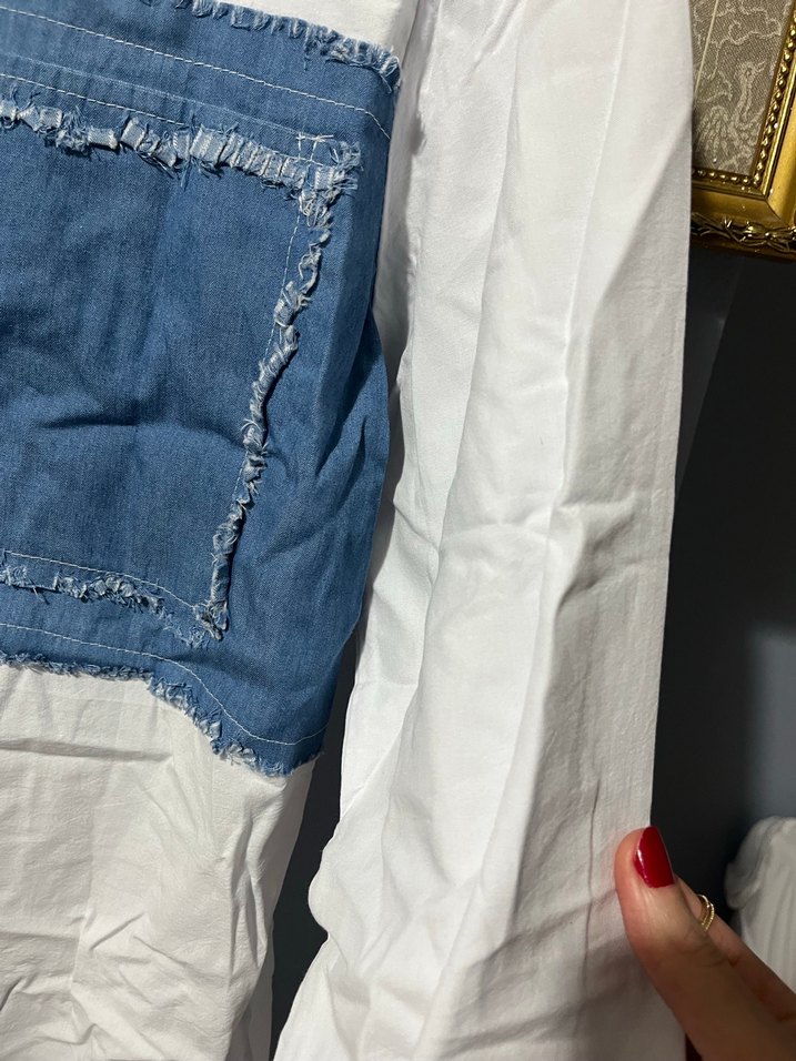 Düğmeli Kot Detaylı Beyaz Kadın Gömlek - Görsel 3