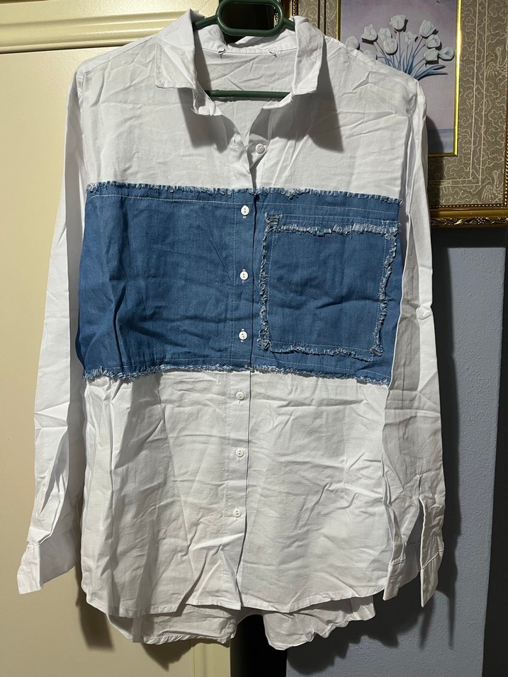 Düğmeli Kot Detaylı Beyaz Kadın Gömlek - Görsel 4