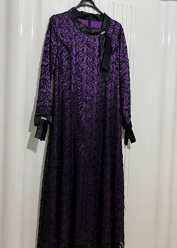 Mor Dantel Detaylı Uzun özel dikim elbise - Görsel 3