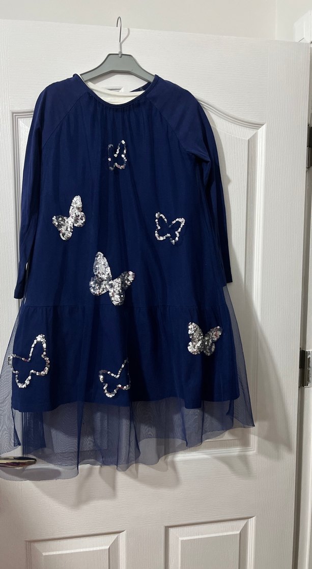Kelebek İşlemeli Lacivert Kız Elbisesi - Görsel 3