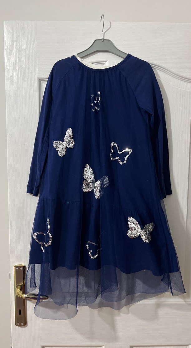 Kelebek İşlemeli Lacivert Kız Elbisesi - Görsel 2
