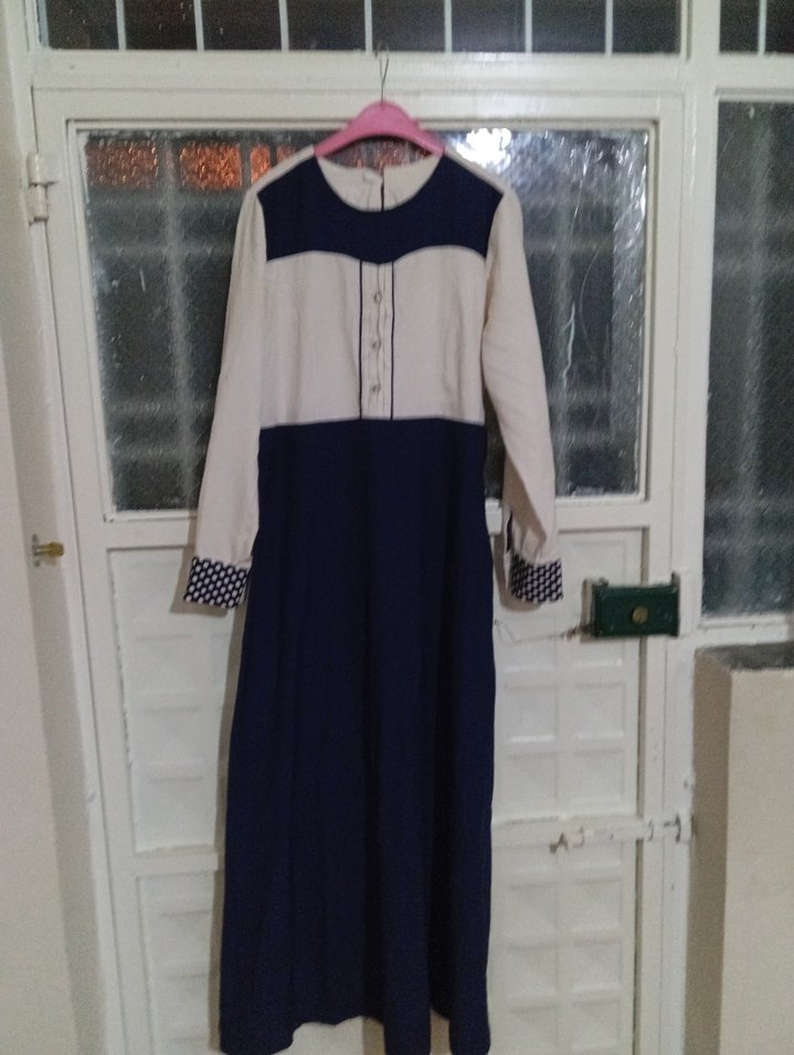 Mavi Beyaz Uzun Kollu Salaş Elbise - Görsel 3