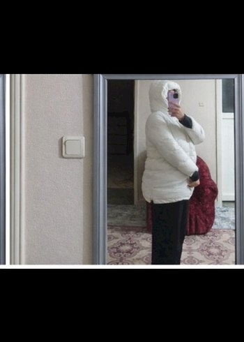 Beyaz Kadın Şişme Kaban, Yüksek Yakalı, Midi Boy - Görsel 2