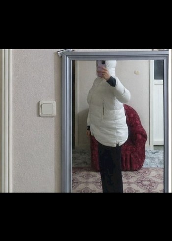 Beyaz Kadın Şişme Kaban, Yüksek Yakalı, Midi Boy - Görsel 3