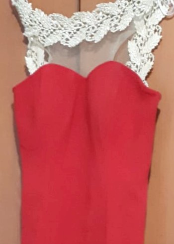 Kırmızı Yaka ve sırt Taş İşlemeli Detaylı Abiye Elbise - Görsel 6