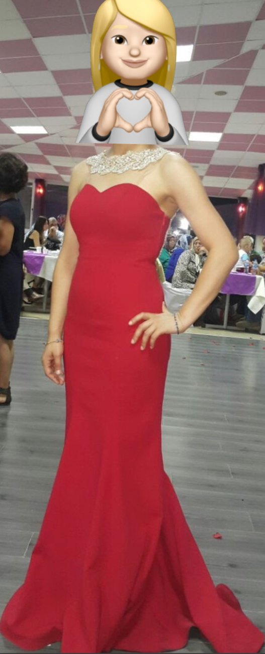 Kırmızı Yaka ve sırt Taş İşlemeli Detaylı Abiye Elbise - Görsel 2