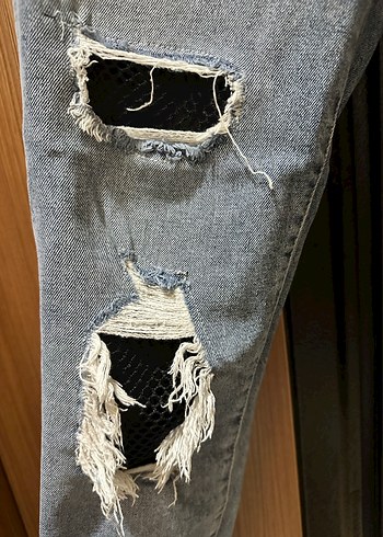 Gri Bol Fit Yırtık Midi Denim Pantolon - Görsel 2