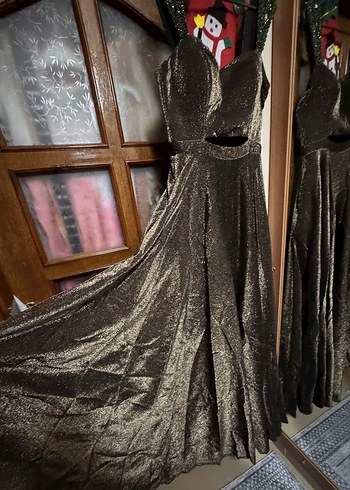 Simli kahverengi Abiye Elbise - Görsel 3