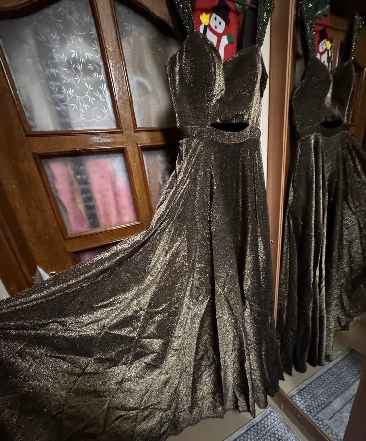 Simli kahverengi Abiye Elbise - Görsel 3