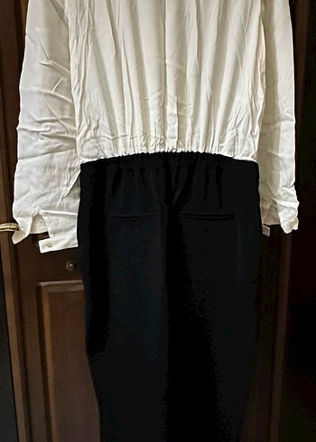 Beyaz Siyah Uzun Kollu Kemerli Tulum - Görsel 5