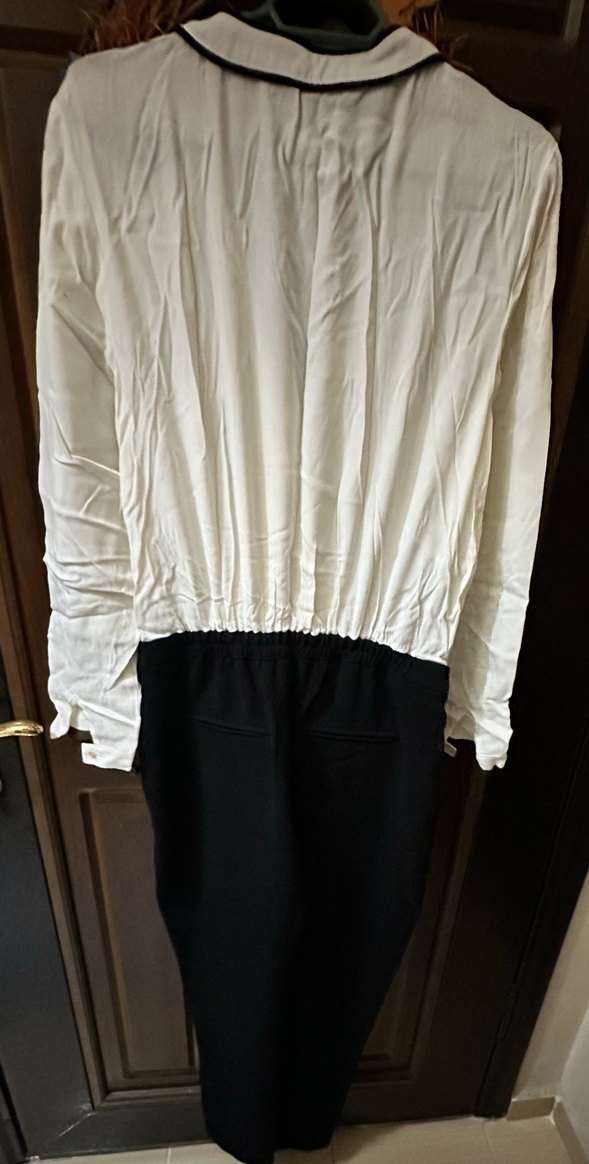 Beyaz Siyah Uzun Kollu Kemerli Tulum - Görsel 4