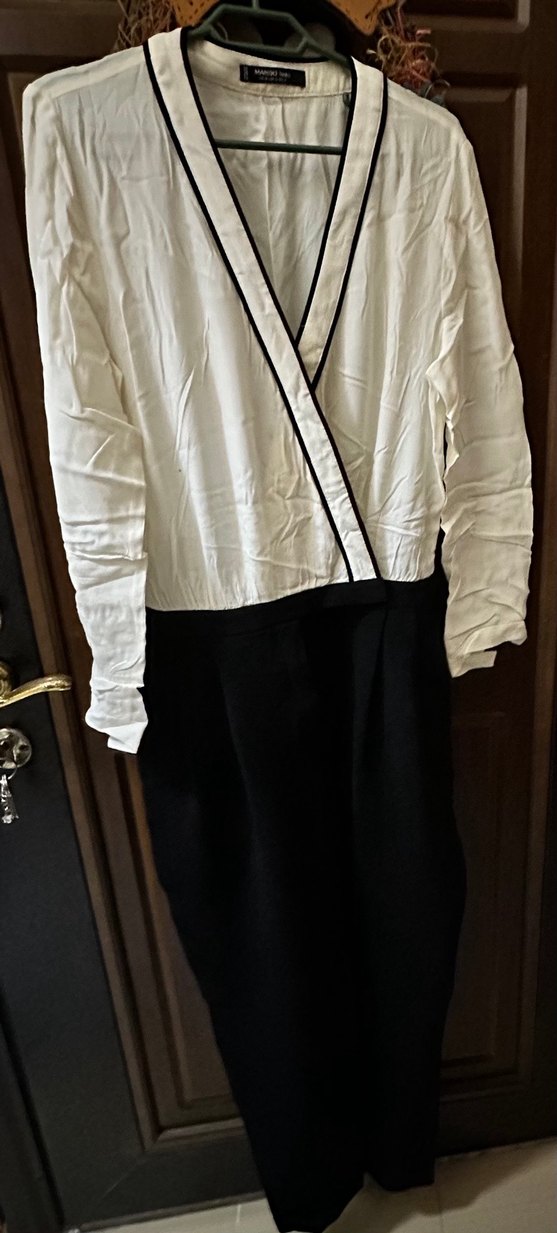 Beyaz Siyah Uzun Kollu Kemerli Tulum - Görsel 2