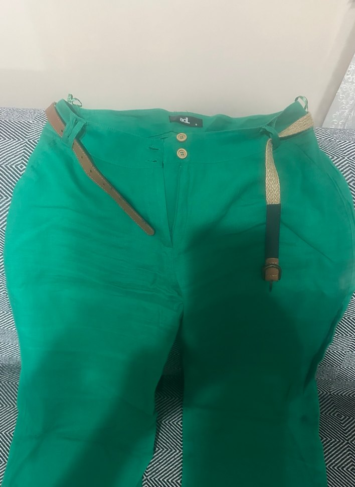 Kadın Yeşil Kemerli Streetwear Kumaş Pantolon - Görsel 2