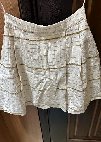 Beyaz Pilili Midi Keten Etek - Görsel 3