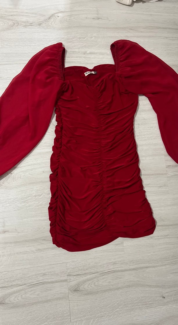 Kırmızı Drapeli Midi Kadın Elbise - Görsel 2