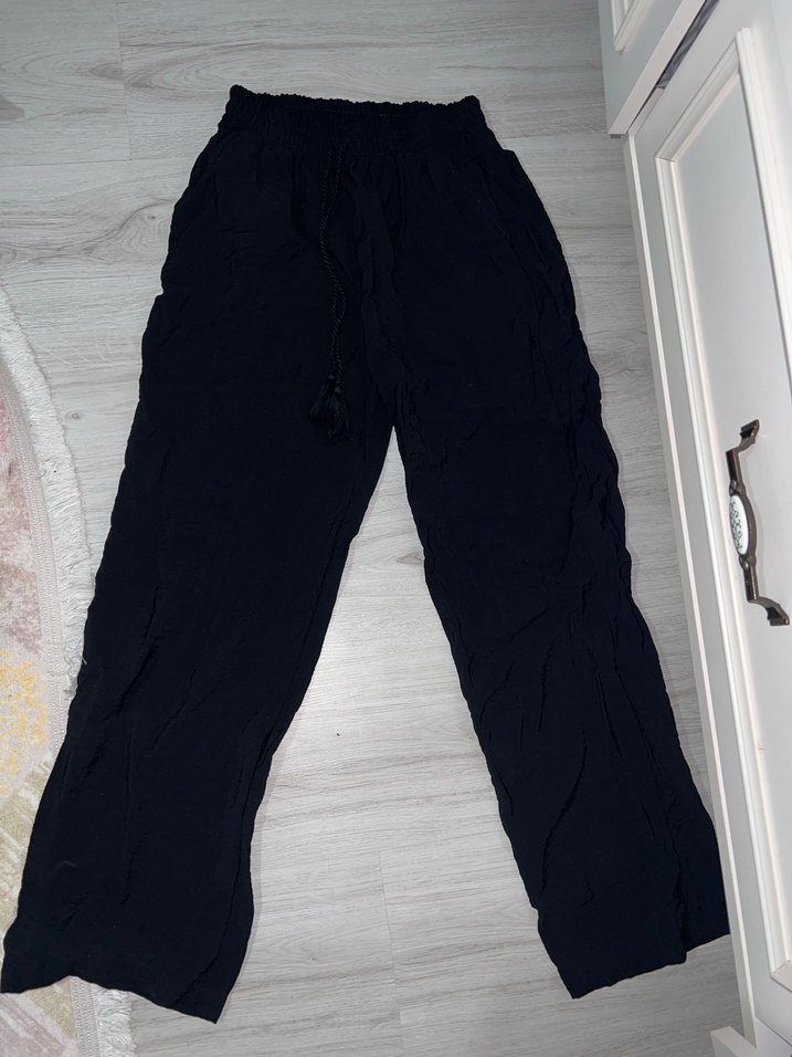 Kadın Siyah Keten Rahat Kesim Pantolon - Görsel 2