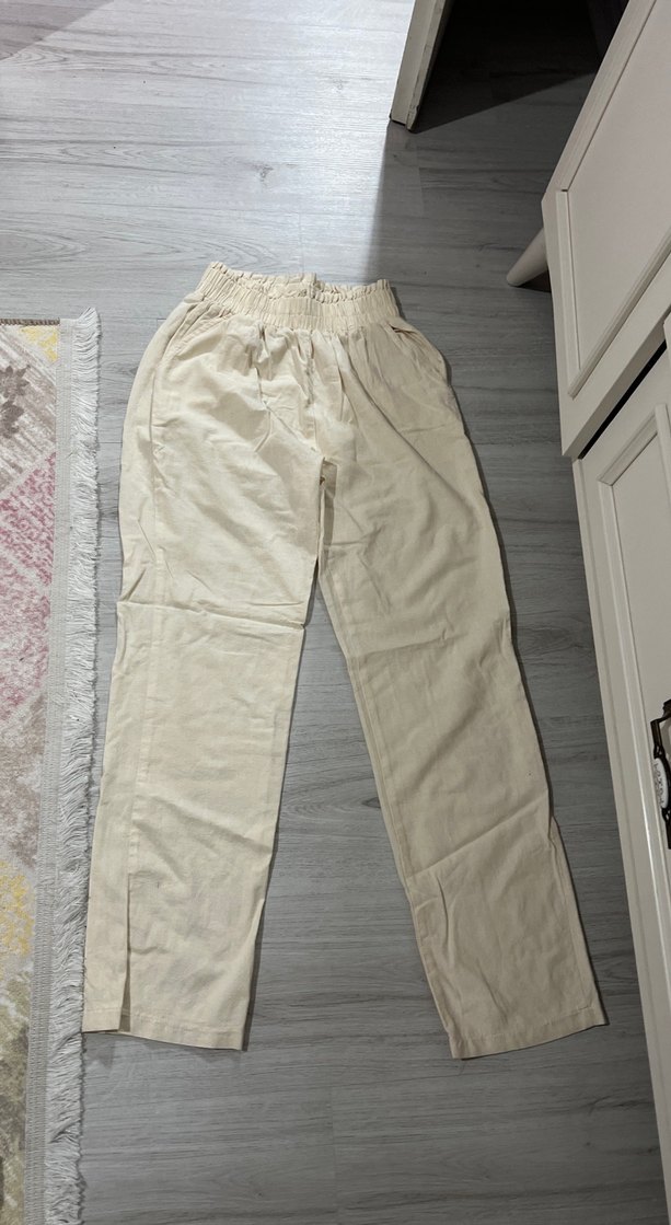 Bej Rahat Kesim Keten Kadın Pantolon - Görsel 2