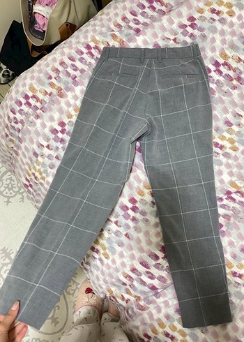 Gri Kareli Düğmeli Kadın Kumaş Pantolon - Görsel 2