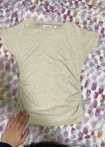 Kadın Bej Keten Kısa Kollu Tişört - Görsel 3