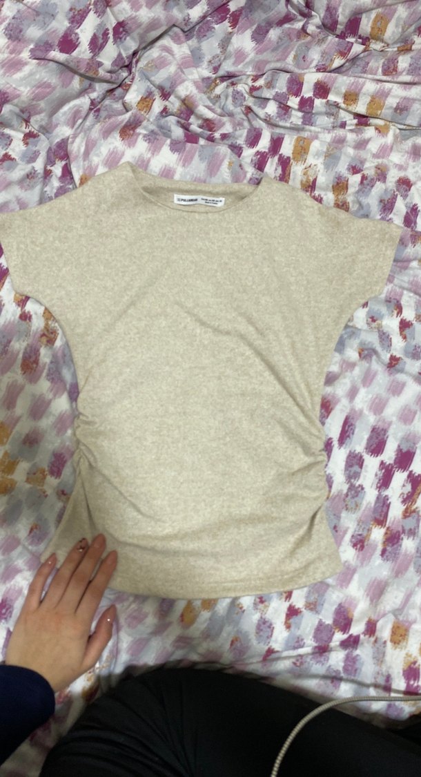 Kadın Bej Keten Kısa Kollu Tişört - Görsel 3