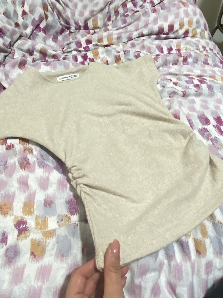 Kadın Bej Keten Kısa Kollu Tişört - Görsel 4