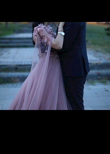 V Yaka Drapeli Bej Uzun Abiye Elbise - Görsel 4