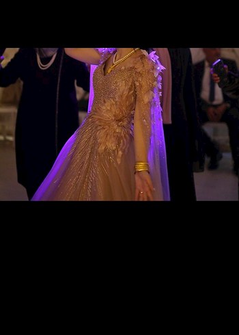 V Yaka Drapeli Bej Uzun Abiye Elbise - Görsel 2