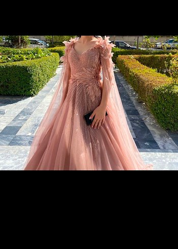 V Yaka Drapeli Bej Uzun Abiye Elbise - Görsel 6