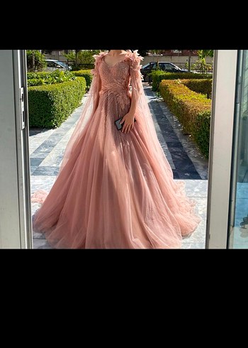 V Yaka Drapeli Bej Uzun Abiye Elbise - Görsel 5