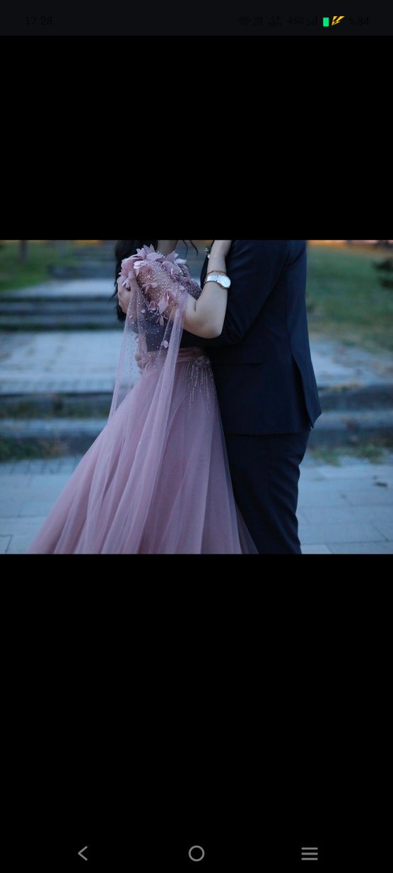 V Yaka Drapeli Bej Uzun Abiye Elbise - Görsel 4