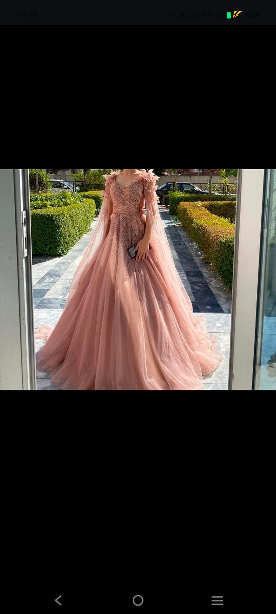 V Yaka Drapeli Bej Uzun Abiye Elbise - Görsel 5