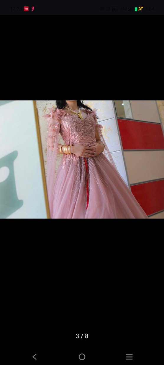 V Yaka Drapeli Bej Uzun Abiye Elbise - Görsel 3