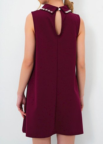 Taş Detaylı Bordo Midi Elbise - Görsel 5