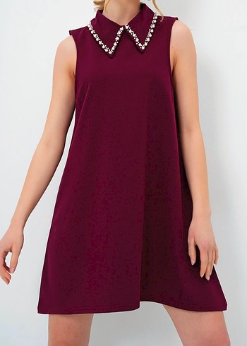 Taş Detaylı Bordo Midi Elbise - Görsel 2