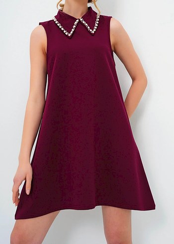 Taş Detaylı Bordo Midi Elbise - Görsel 4